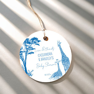 Safari blue toile giraffe baby shower favour tags
