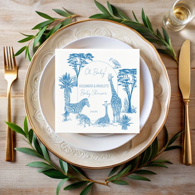 Safari blue toile giraffe baby shower monogrammed napkin (Safari blue toile de jouy giraffe baby shower monogrammed printed napkins personalized table decor)
