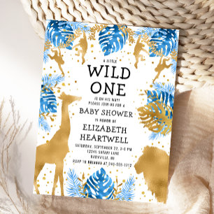 Safari Boy Baby shower Blue Gold Invitation