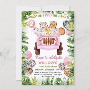 Safari car & animals girl 2nd birthday invite. invitation