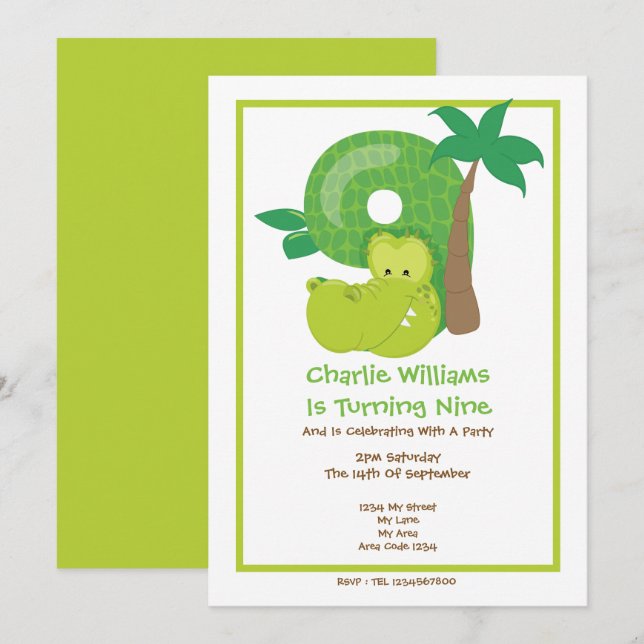 Safari Crocodile Ninth Birthday Party Invitation (Front/Back)