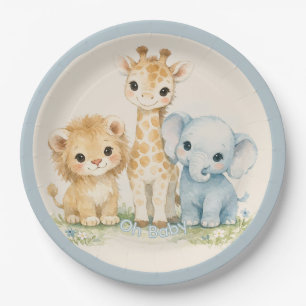 Safari Cute Animal Beige Blue Baby Shower Paper Plate