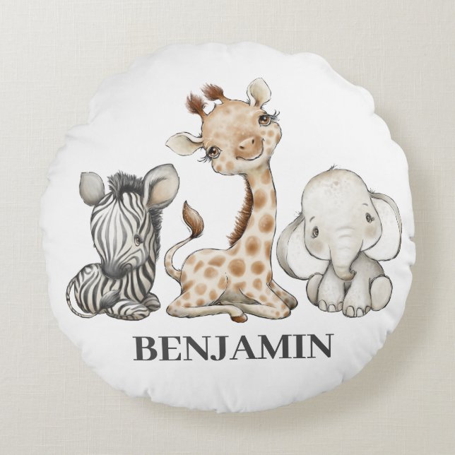 Safari Cute Animals Kids Round Pillow (Front)