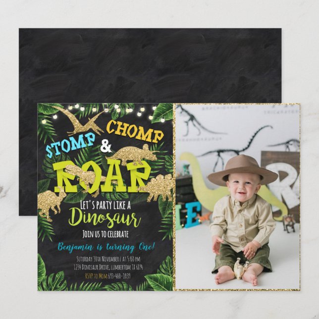 Safari Dinosaur Invitation Anniversaire Avec Photo (Devant / Derrière)
