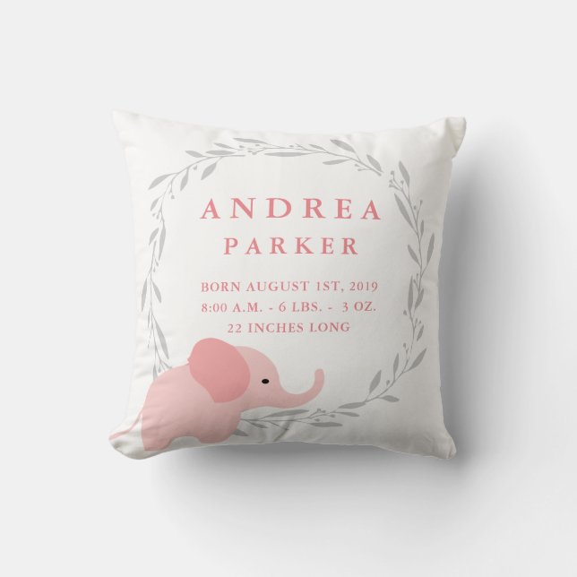 Safari Elephant Birth Announcement Stats Pillow (Front)