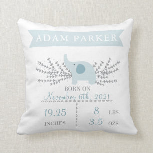 Safari Elephant Birth Announcement Stats Pillow