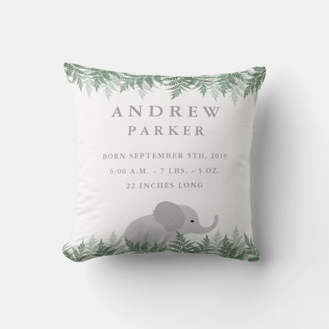 Safari Elephant Birth Announcement Stats Pillow (Front)