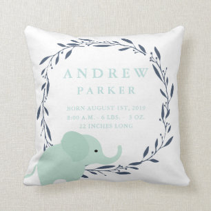 Safari Elephant Birth Announcement Stats Pillow