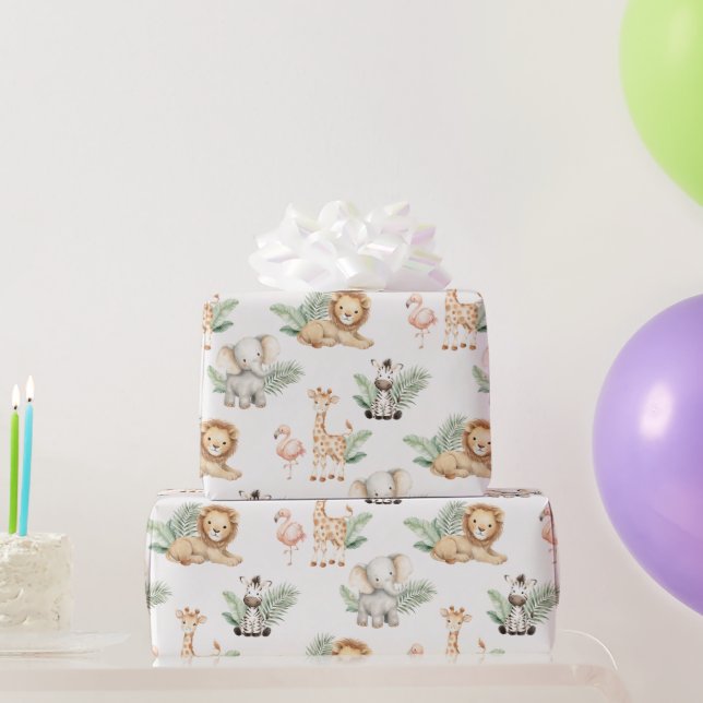 Safari Elephant Giraffe Zebra Flamingo Lion Animal Wrapping Paper (Party Gifts)