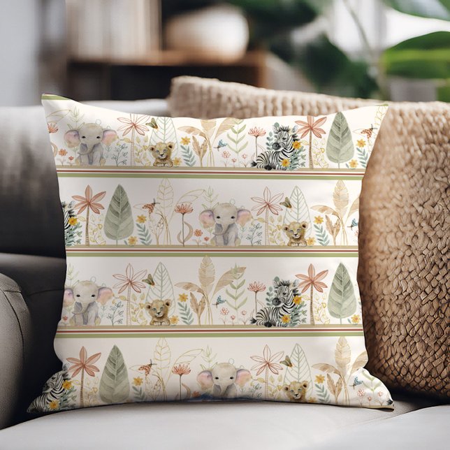 Safari Elephant Lion Zebra Jungle Foliage Baby Boy Throw Pillow (Creator Uploaded)