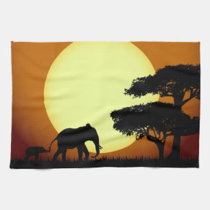 Safari elephants at sunset kitchen towel