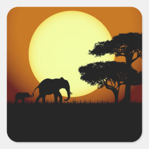 Safari elephants at sunset square sticker