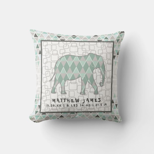 Safari Elephants Baby Boy Geometric Birth Stats Throw Pillow (Front)