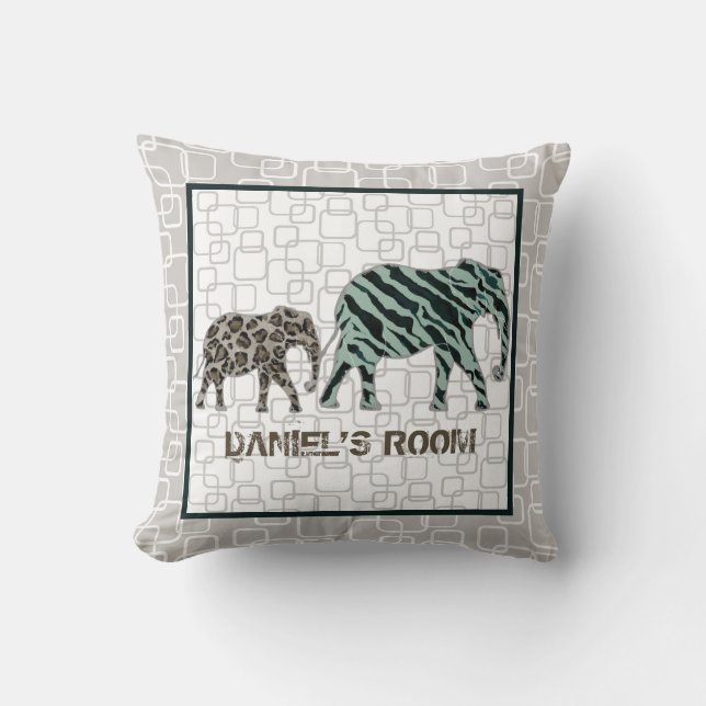 Safari Elephants Baby Boy Nursery Mid Century Throw Pillow (Front)