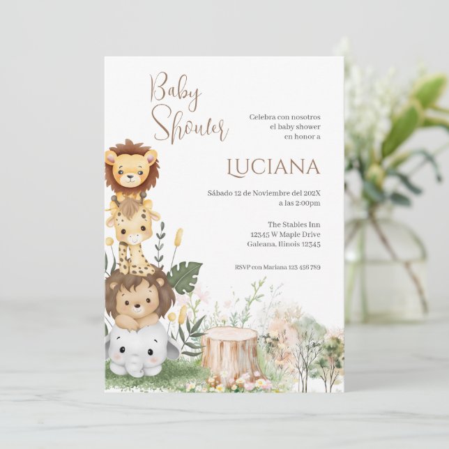 Safari Espagnol Baby shower Invitation fille (Debout devant)