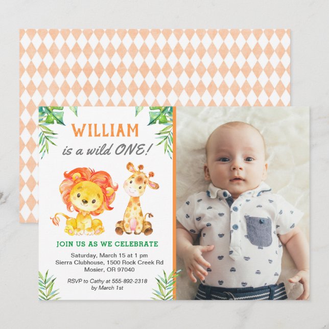 Safari First Birthday Boy Wild One Jungle Party Invitation (Front/Back)