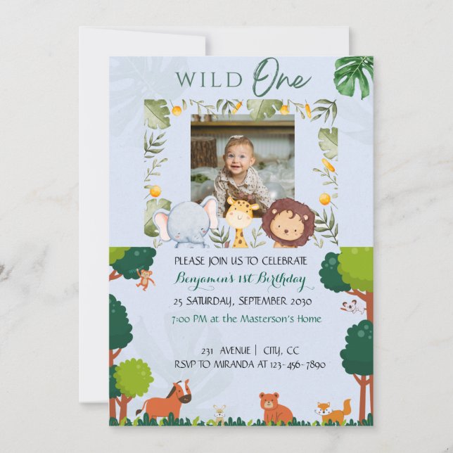 Safari First Birthday Invitations Wild One Party (Front)