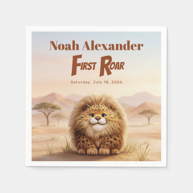 Safari First Roar Fluffy Leopard Birthday Party Napkin (Front)