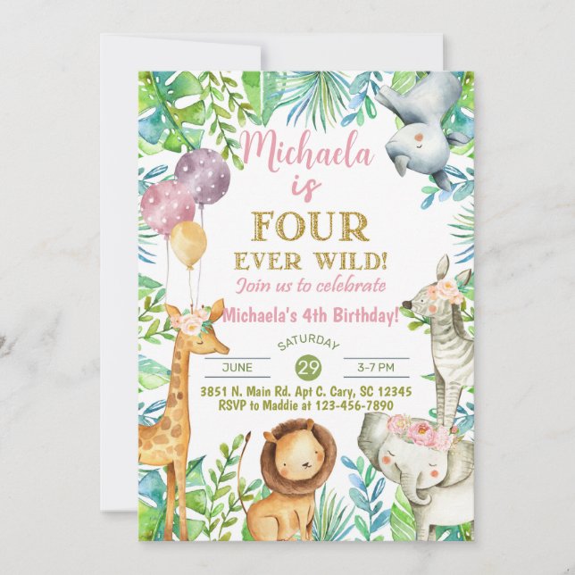 Safari Fourever Wild girl 4th birthday invitation. Invitation (Front)