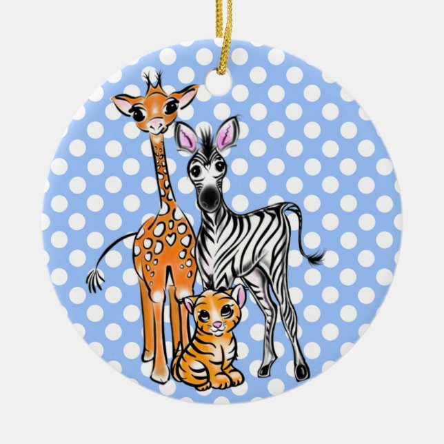 Safari friends, giraffe, zebra, tiger, blue polka ceramic ornament (Front)