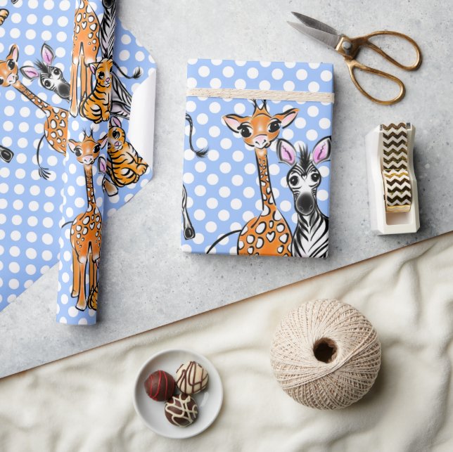 Safari friends, giraffe, zebra, tiger, blue polka wrapping paper (Crafts)