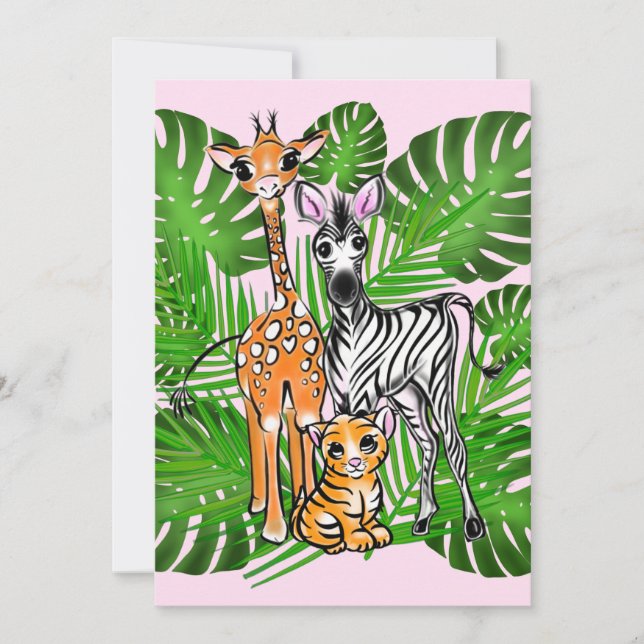 Safari friends, giraffe, zebra, tiger, palm leaves invitation (Front)