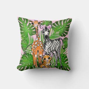 Safari friends, giraffe, zebra, tiger, palm leaves throw pillow
