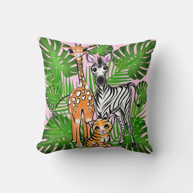 Safari friends, giraffe, zebra, tiger, palm leaves throw pillow (Front)