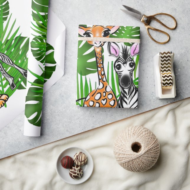 Safari friends, giraffe, zebra, tiger, palm leaves wrapping paper (Crafts)