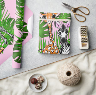 Safari friends, giraffe, zebra, tiger, palm leaves wrapping paper