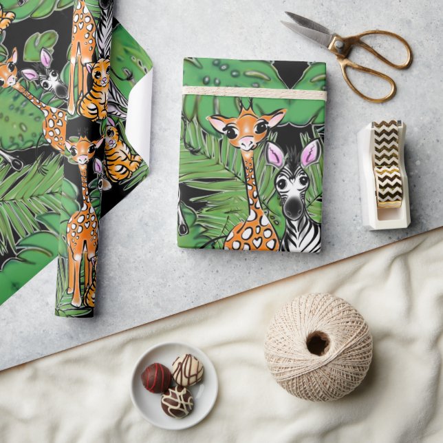 Safari friends, giraffe, zebra, tiger, palm leaves wrapping paper (Crafts)