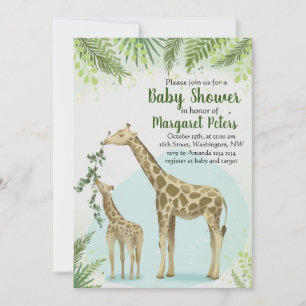 Safari Giraffe Green Leaves Baby Shower Invitation