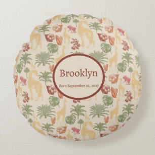 Safari Giraffe & Tropical Leaves Nursery Round Pillow