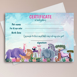 Safari girl birthday animal adoption certificate invitation