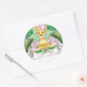 Safari Girl Party Lion Illustration Personalized Classic Round Sticker