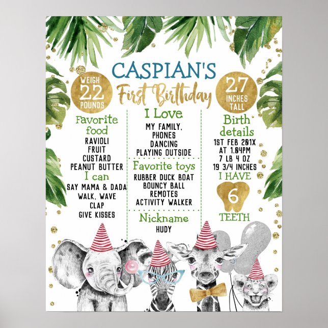 Safari Gold Green 1st Birthday Milestone Poster (Front)