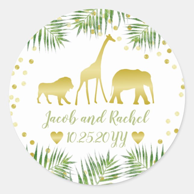 Safari Green and Gold Animals with Palm Branches Classic Round Sticker (Front)