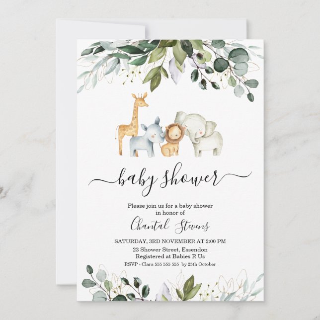 Safari Green Gold Foliage Baby Shower Invitation (Front)