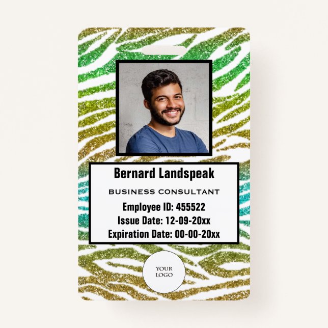 Safari Green Zebra Stripes Glitter Logo & Photo Badge (Front)