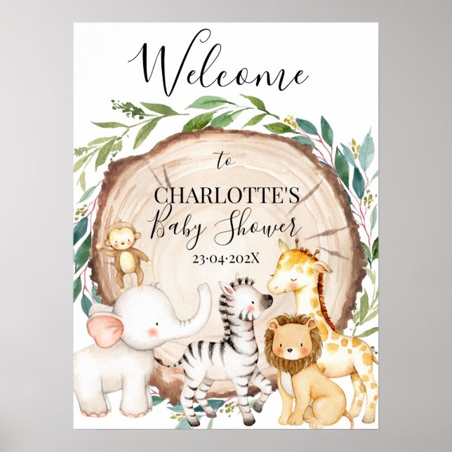 Safari Greenery Wood Slice Baby Shower Welcome Poster (Front)
