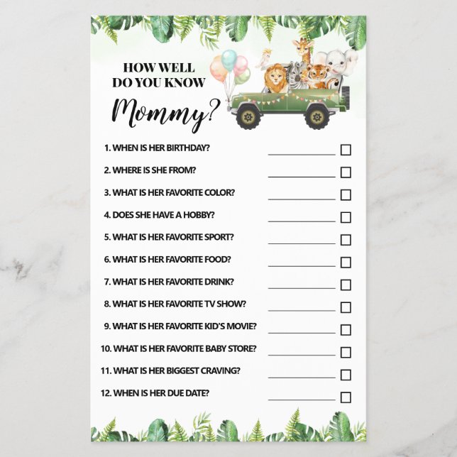 Safari How well do you know Mom Shower Game Card (Front)