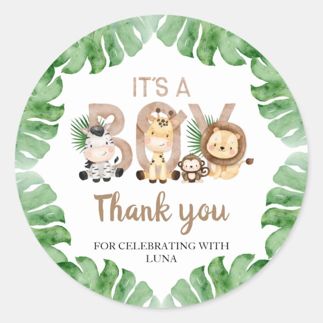 Safari It's a Boy Baby Shower Favour Classic Round Sticker (Front)