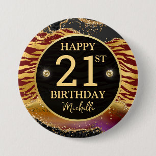 Safari Jungle Agate Gold Glitter 21st Birthday 3 Inch Round Button