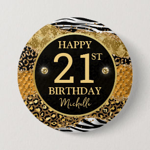 Safari Jungle Agate Gold Glitter 21st Birthday 3 Inch Round Button