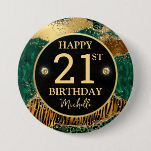 Safari Jungle Agate Gold Glitter 21st Birthday 3 Inch Round Button