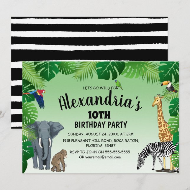 Safari Jungle Animal Childrens Birthday Party Invitation (Front/Back)