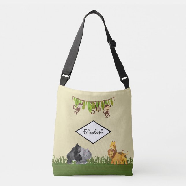 Safari Jungle Animal Illustration Adventure Awaits Crossbody Bag (Front)