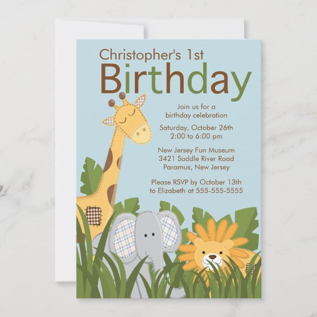 Safari Jungle Animal Kid Birthday Party Invitation (Front)
