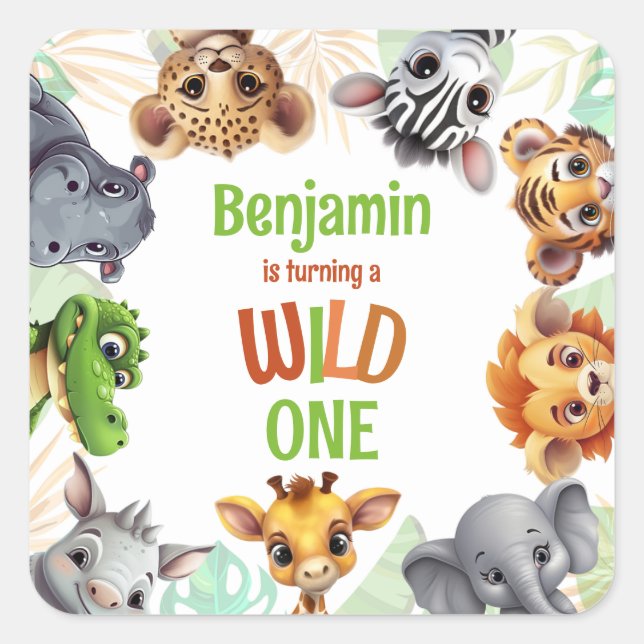 Safari Jungle Animal Kid's Wild One Birthday Party Square Sticker (Front)