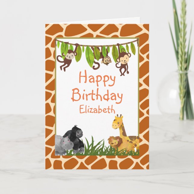 Safari Jungle Animal Theme Happy Birthday Card (Front)
